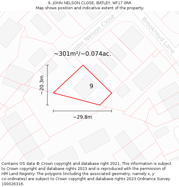 9, JOHN NELSON CLOSE, BATLEY, WF17 0RA: Plot and title map
