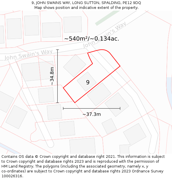 9, JOHN SWAINS WAY, LONG SUTTON, SPALDING, PE12 9DQ: Plot and title map