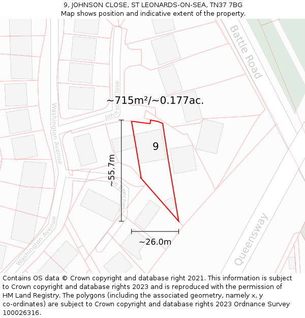 9, JOHNSON CLOSE, ST LEONARDS-ON-SEA, TN37 7BG: Plot and title map