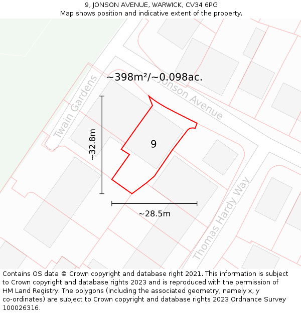 9, JONSON AVENUE, WARWICK, CV34 6PG: Plot and title map