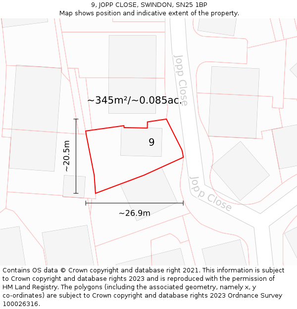 9, JOPP CLOSE, SWINDON, SN25 1BP: Plot and title map