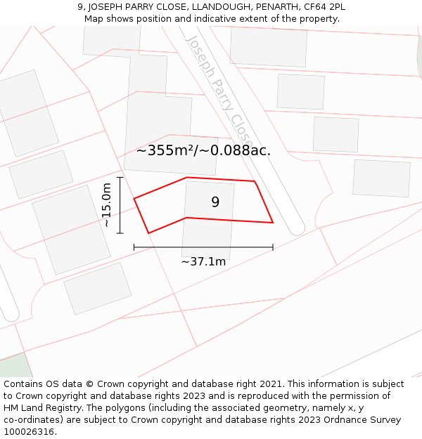 9, JOSEPH PARRY CLOSE, LLANDOUGH, PENARTH, CF64 2PL: Plot and title map