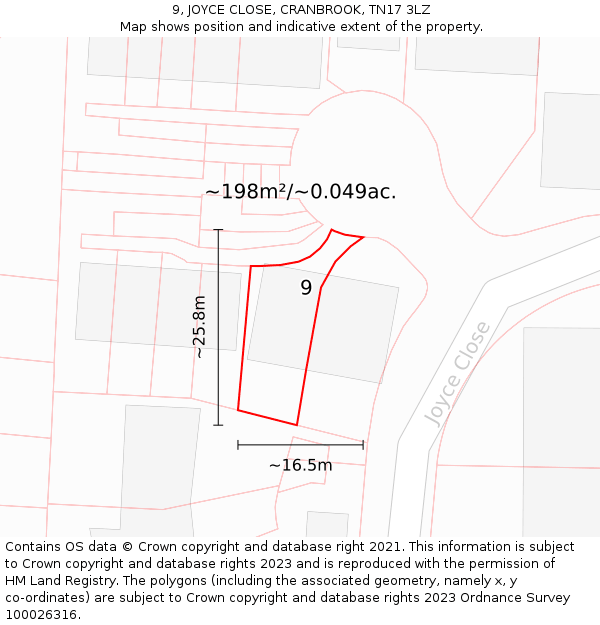 9, JOYCE CLOSE, CRANBROOK, TN17 3LZ: Plot and title map