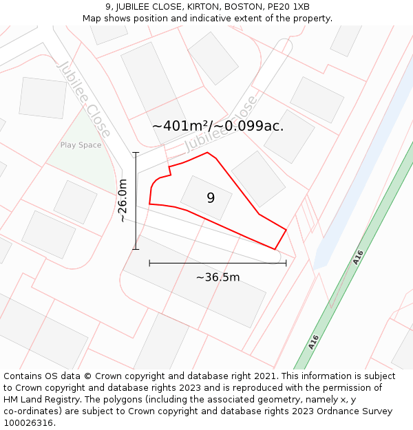 9, JUBILEE CLOSE, KIRTON, BOSTON, PE20 1XB: Plot and title map