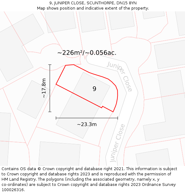 9, JUNIPER CLOSE, SCUNTHORPE, DN15 8YN: Plot and title map