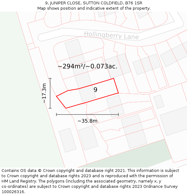 9, JUNIPER CLOSE, SUTTON COLDFIELD, B76 1SR: Plot and title map