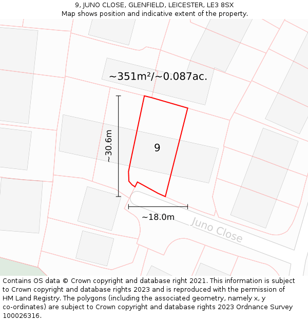 9, JUNO CLOSE, GLENFIELD, LEICESTER, LE3 8SX: Plot and title map