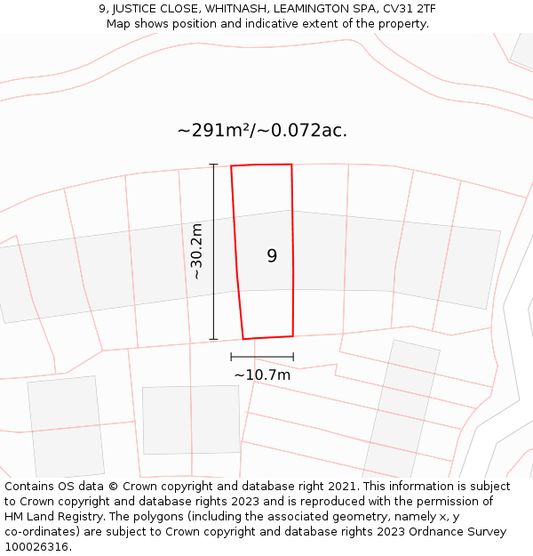 9, JUSTICE CLOSE, WHITNASH, LEAMINGTON SPA, CV31 2TF: Plot and title map