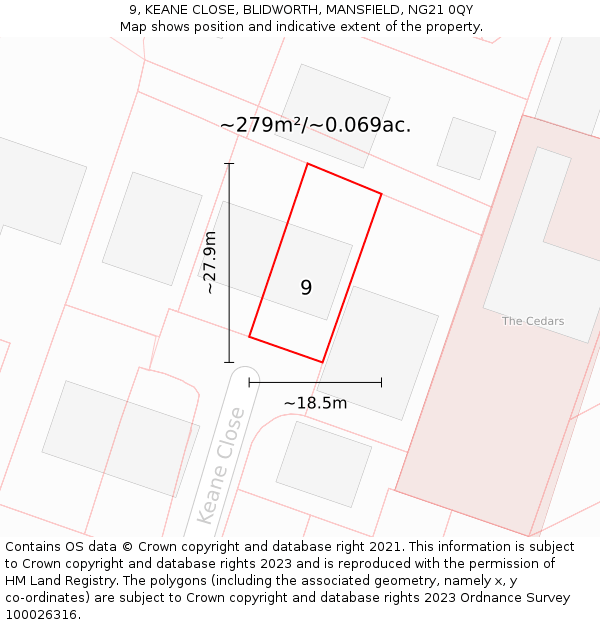 9, KEANE CLOSE, BLIDWORTH, MANSFIELD, NG21 0QY: Plot and title map