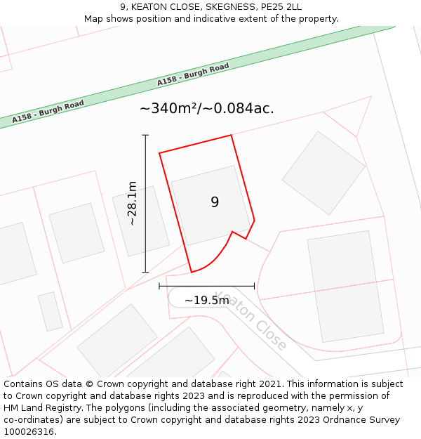 9, KEATON CLOSE, SKEGNESS, PE25 2LL: Plot and title map