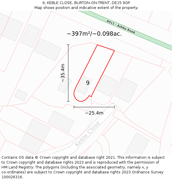 9, KEBLE CLOSE, BURTON-ON-TRENT, DE15 9GP: Plot and title map