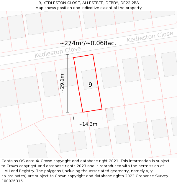 9, KEDLESTON CLOSE, ALLESTREE, DERBY, DE22 2RA: Plot and title map