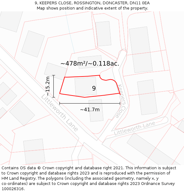 9, KEEPERS CLOSE, ROSSINGTON, DONCASTER, DN11 0EA: Plot and title map