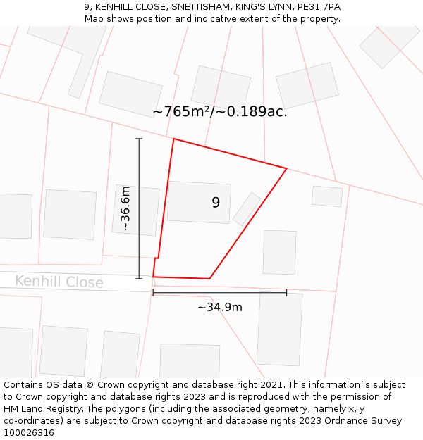 9, KENHILL CLOSE, SNETTISHAM, KING'S LYNN, PE31 7PA: Plot and title map