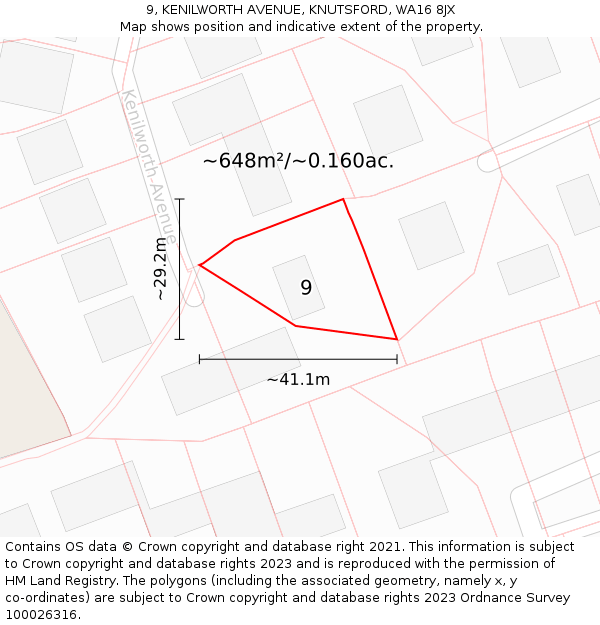 9, KENILWORTH AVENUE, KNUTSFORD, WA16 8JX: Plot and title map