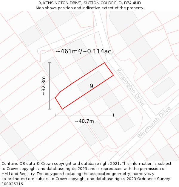 9, KENSINGTON DRIVE, SUTTON COLDFIELD, B74 4UD: Plot and title map