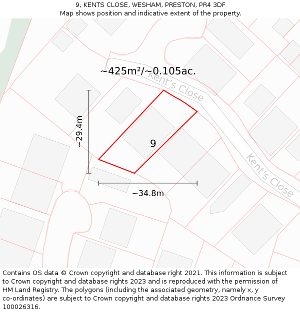 9, KENTS CLOSE, WESHAM, PRESTON, PR4 3DF: Plot and title map