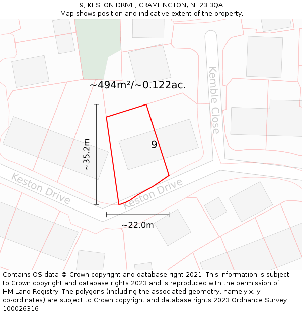 9, KESTON DRIVE, CRAMLINGTON, NE23 3QA: Plot and title map