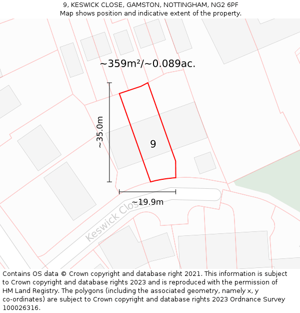 9, KESWICK CLOSE, GAMSTON, NOTTINGHAM, NG2 6PF: Plot and title map