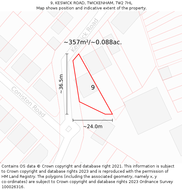 9, KESWICK ROAD, TWICKENHAM, TW2 7HL: Plot and title map