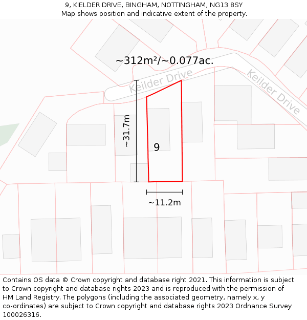 9, KIELDER DRIVE, BINGHAM, NOTTINGHAM, NG13 8SY: Plot and title map