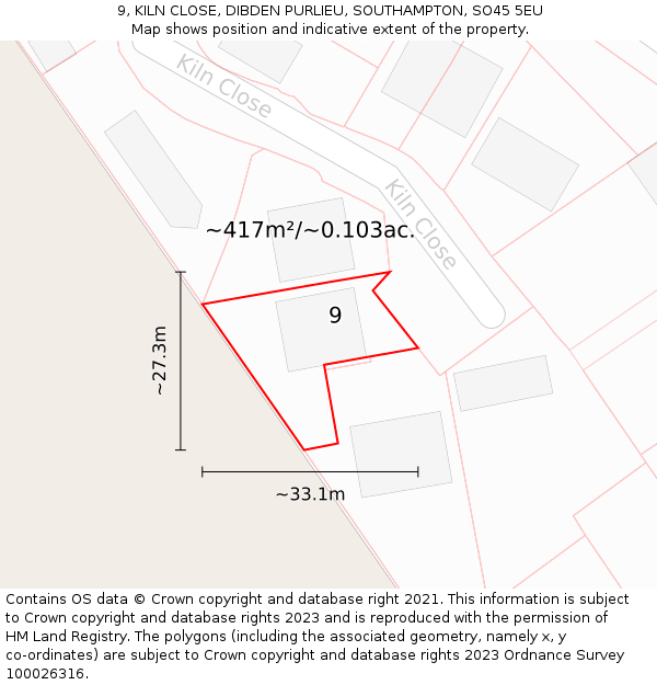9, KILN CLOSE, DIBDEN PURLIEU, SOUTHAMPTON, SO45 5EU: Plot and title map