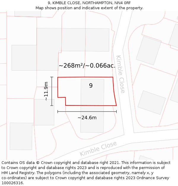 9, KIMBLE CLOSE, NORTHAMPTON, NN4 0RF: Plot and title map