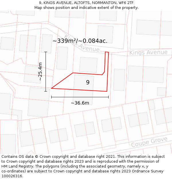 9, KINGS AVENUE, ALTOFTS, NORMANTON, WF6 2TF: Plot and title map