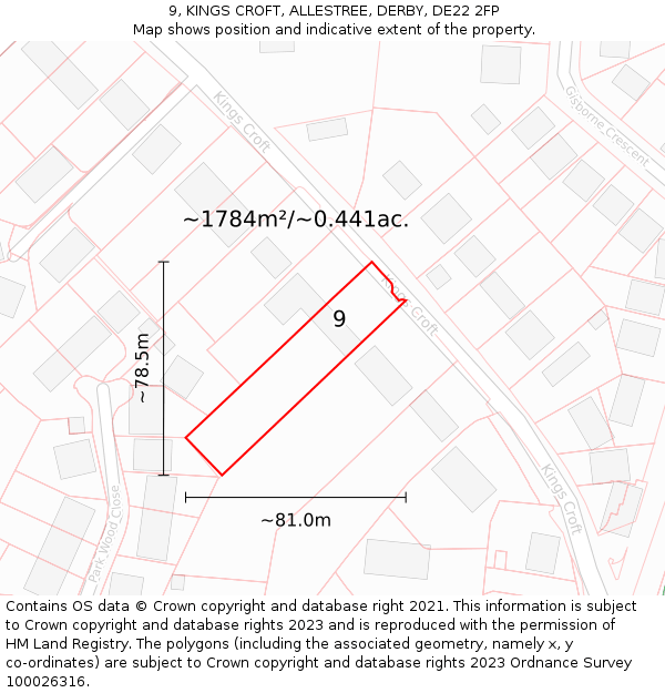 9, KINGS CROFT, ALLESTREE, DERBY, DE22 2FP: Plot and title map