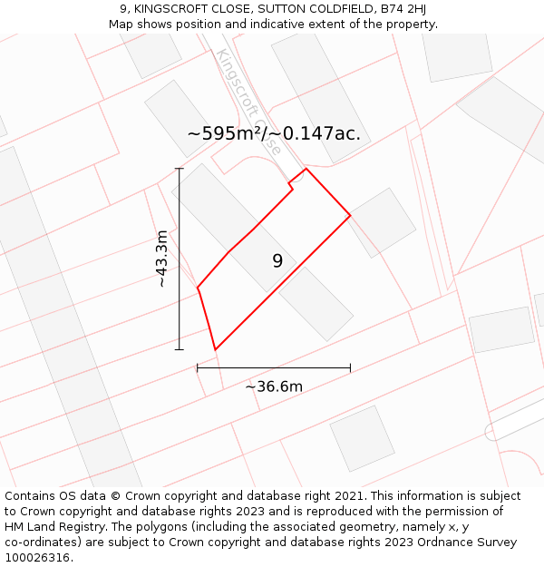 9, KINGSCROFT CLOSE, SUTTON COLDFIELD, B74 2HJ: Plot and title map