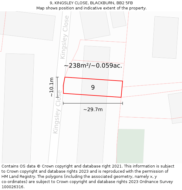 9, KINGSLEY CLOSE, BLACKBURN, BB2 5FB: Plot and title map