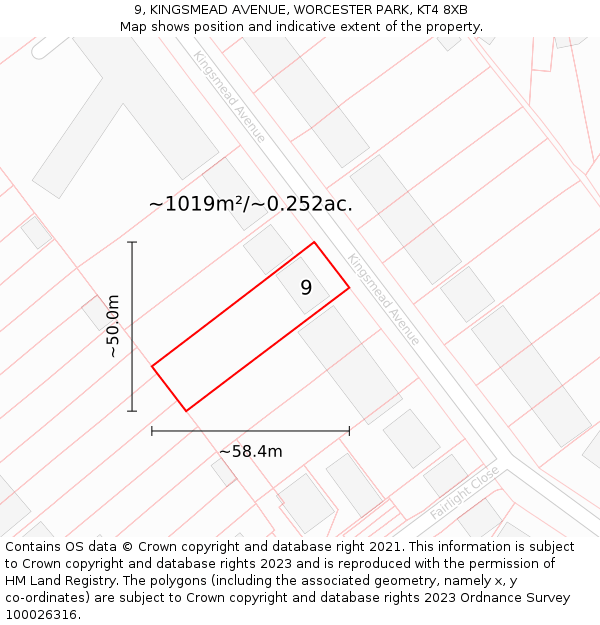 9, KINGSMEAD AVENUE, WORCESTER PARK, KT4 8XB: Plot and title map
