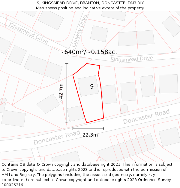 9, KINGSMEAD DRIVE, BRANTON, DONCASTER, DN3 3LY: Plot and title map