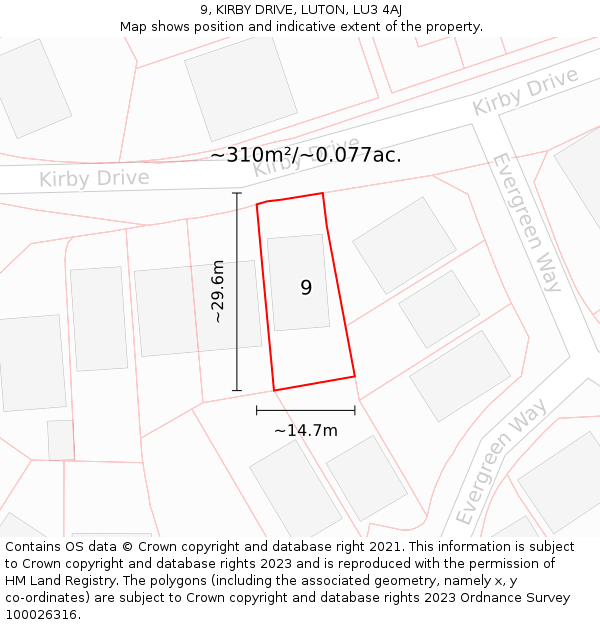 9, KIRBY DRIVE, LUTON, LU3 4AJ: Plot and title map