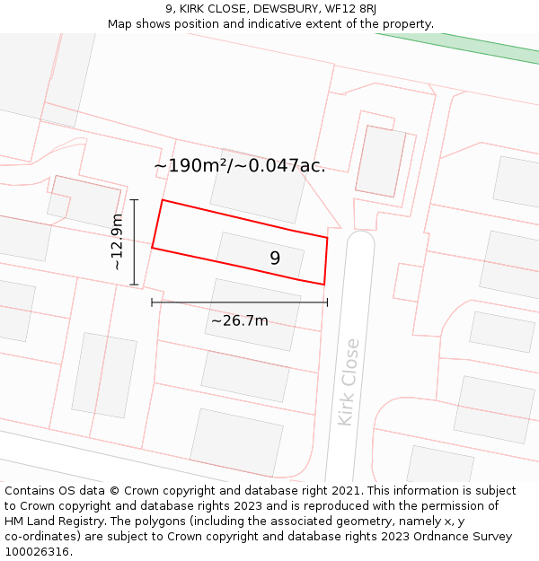 9, KIRK CLOSE, DEWSBURY, WF12 8RJ: Plot and title map