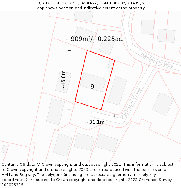 9, KITCHENER CLOSE, BARHAM, CANTERBURY, CT4 6QN: Plot and title map