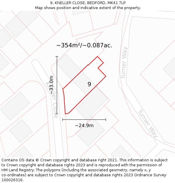9, KNELLER CLOSE, BEDFORD, MK41 7LP: Plot and title map