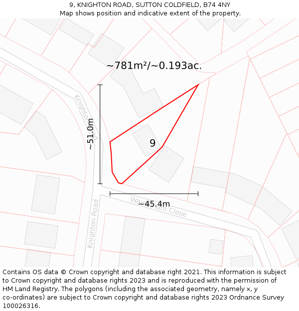 9, KNIGHTON ROAD, SUTTON COLDFIELD, B74 4NY: Plot and title map