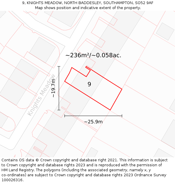 9, KNIGHTS MEADOW, NORTH BADDESLEY, SOUTHAMPTON, SO52 9AF: Plot and title map