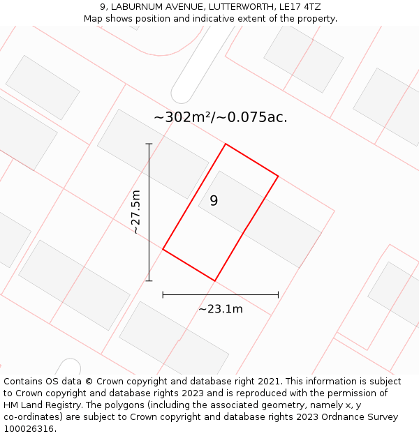 9, LABURNUM AVENUE, LUTTERWORTH, LE17 4TZ: Plot and title map