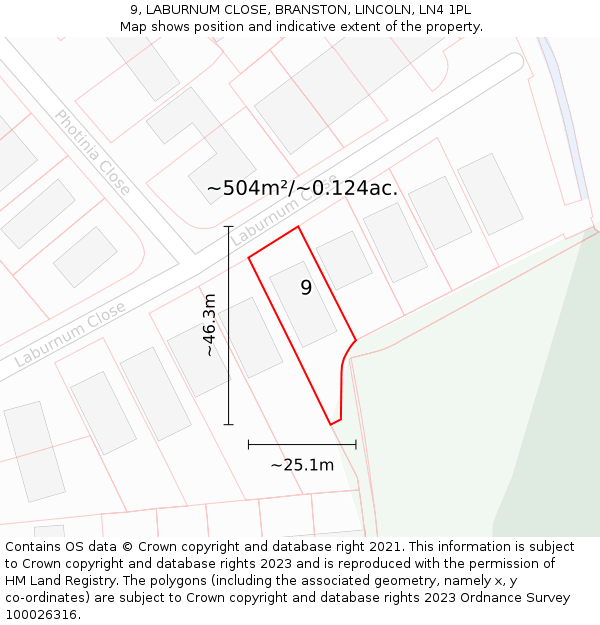 9, LABURNUM CLOSE, BRANSTON, LINCOLN, LN4 1PL: Plot and title map
