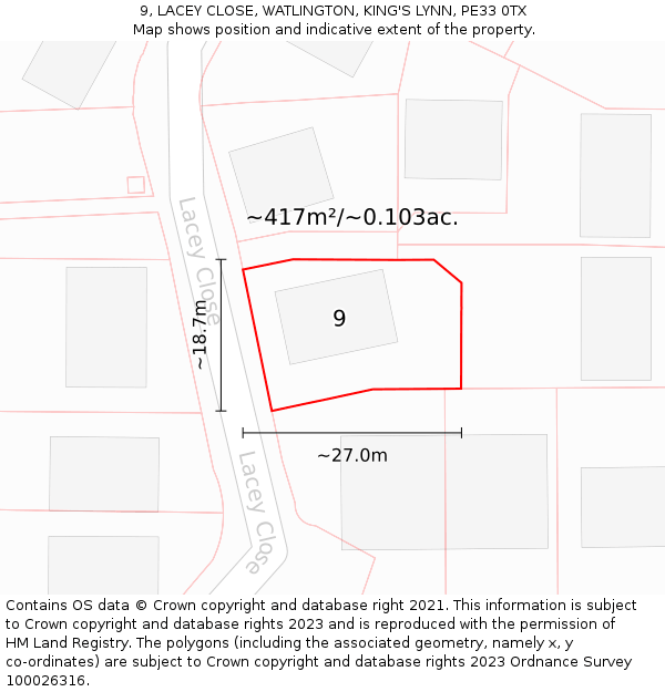 9, LACEY CLOSE, WATLINGTON, KING'S LYNN, PE33 0TX: Plot and title map