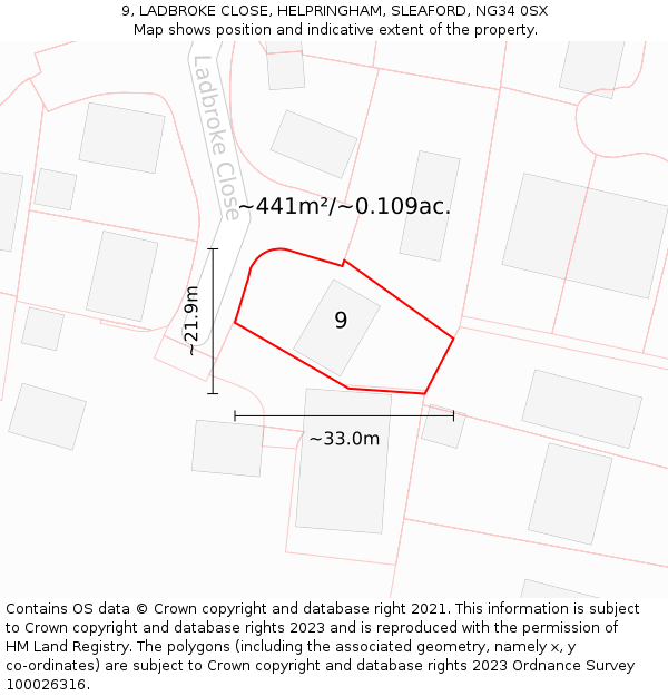 9, LADBROKE CLOSE, HELPRINGHAM, SLEAFORD, NG34 0SX: Plot and title map