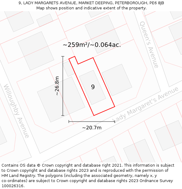 9, LADY MARGARETS AVENUE, MARKET DEEPING, PETERBOROUGH, PE6 8JB: Plot and title map