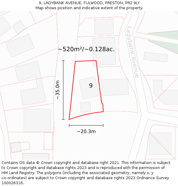 9, LADYBANK AVENUE, FULWOOD, PRESTON, PR2 9LY: Plot and title map