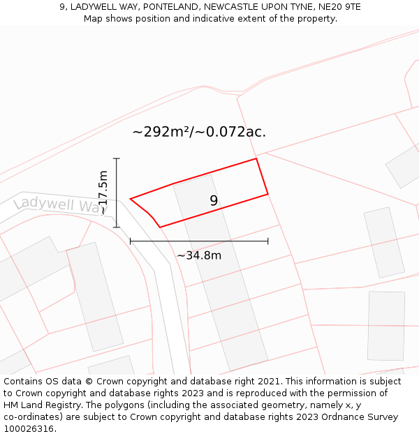 9, LADYWELL WAY, PONTELAND, NEWCASTLE UPON TYNE, NE20 9TE: Plot and title map