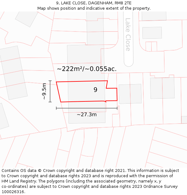9, LAKE CLOSE, DAGENHAM, RM8 2TE: Plot and title map