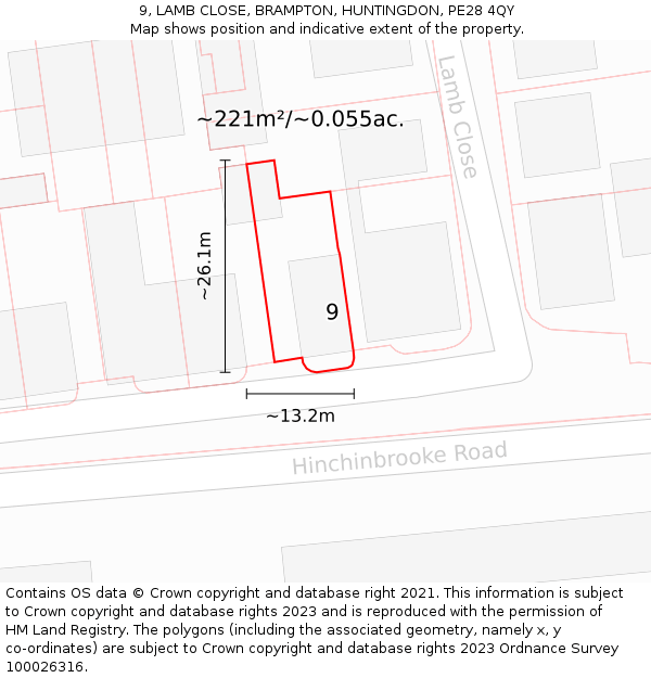 9, LAMB CLOSE, BRAMPTON, HUNTINGDON, PE28 4QY: Plot and title map