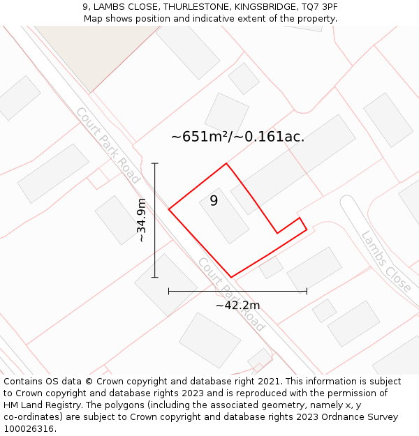 9, LAMBS CLOSE, THURLESTONE, KINGSBRIDGE, TQ7 3PF: Plot and title map