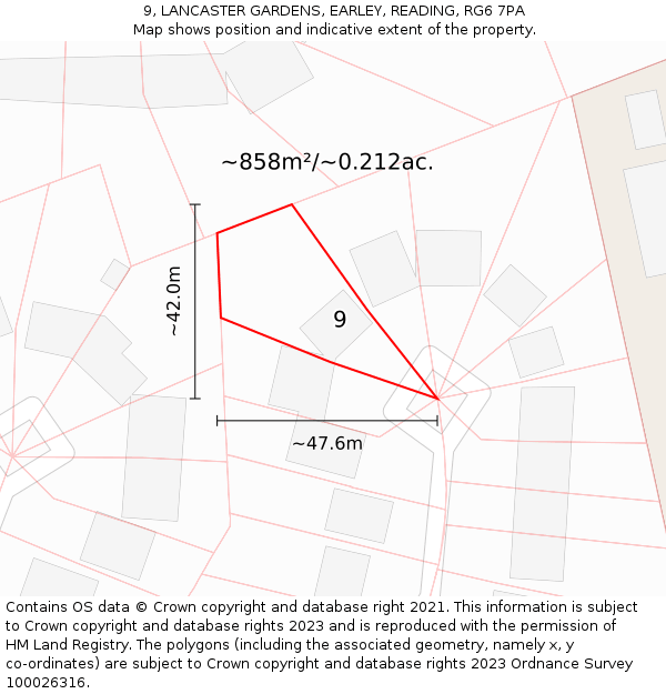 9, LANCASTER GARDENS, EARLEY, READING, RG6 7PA: Plot and title map